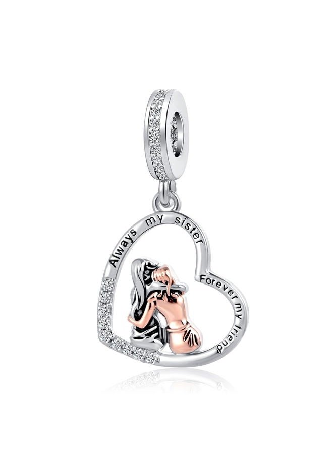 QeenseKc Sister Heart Pendant Charm for Pandora Braceelt Engraved Always My Sister Forever My Friend - Image 1
