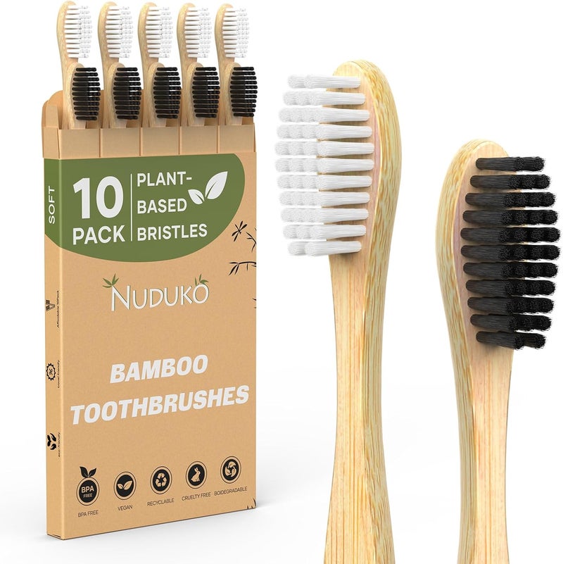NUDUKO Bamboo Toothbrushes Travel Toothbrush 10 Pack - BPA Free Plant-Based Soft Bristle Toothbrush, Eco-Friendly, Natural Wooden Tooth Brush, Biodegradable Soft Toothbrushes for Adults - Image 1