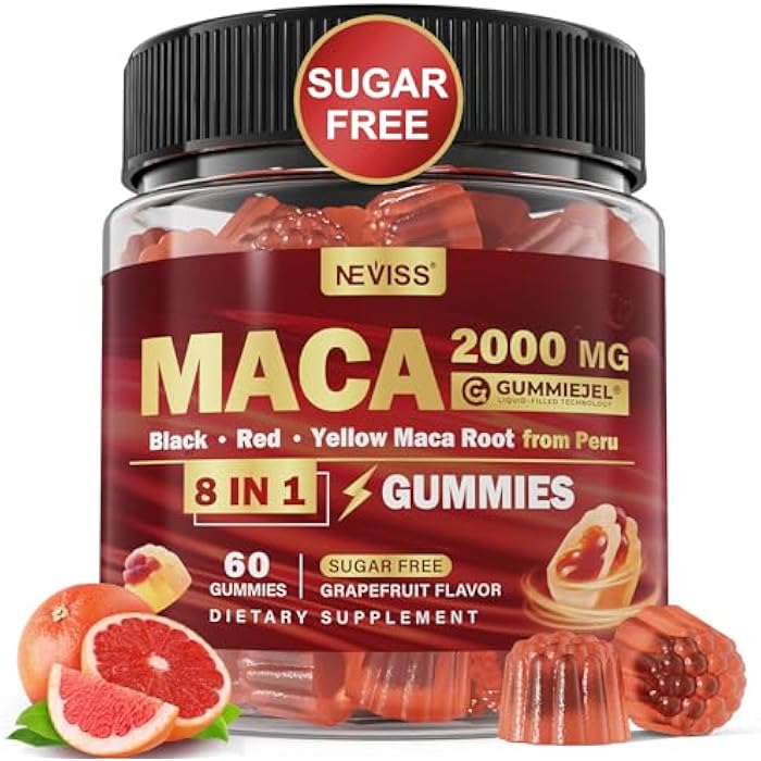 NEVISS Maca Root Filled Gummies 2000mg for Women Men | Sugar Free | Organic Black, Red, Yellow Maca Root Supplement Gummy Chews with Ashwagandha Ginseng & Zinc | Vegan, Non-GMO, Grapefruit Flavor, 60 Count - Image 1