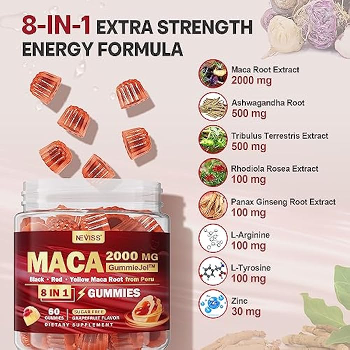 NEVISS Maca Root Filled Gummies 2000mg for Women Men | Sugar Free | Organic Black, Red, Yellow Maca Root Supplement Gummy Chews with Ashwagandha Ginseng & Zinc | Vegan, Non-GMO, Grapefruit Flavor, 60 Count - Image 3
