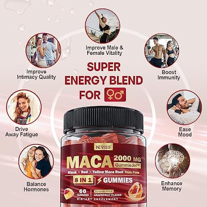 NEVISS Maca Root Filled Gummies 2000mg for Women Men | Sugar Free | Organic Black, Red, Yellow Maca Root Supplement Gummy Chews with Ashwagandha Ginseng & Zinc | Vegan, Non-GMO, Grapefruit Flavor, 60 Count - Image 4