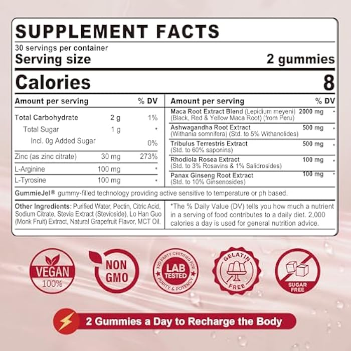 NEVISS Maca Root Filled Gummies 2000mg for Women Men | Sugar Free | Organic Black, Red, Yellow Maca Root Supplement Gummy Chews with Ashwagandha Ginseng & Zinc | Vegan, Non-GMO, Grapefruit Flavor, 60 Count - Image 2