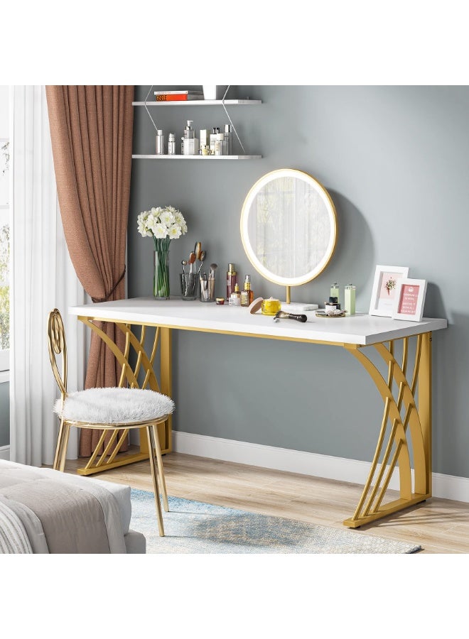 Tribesigns 140CM Large Modern Computer Desk, White & Gold Luxury Laptop PC Student Table, Makeup Vanity Table with Thick Frame & Strong Legs, Sturdy Writing Workstation for Home & Office - Image 4