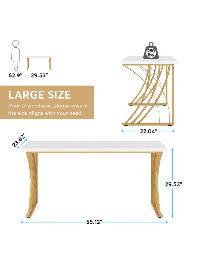 Tribesigns 140CM Large Modern Computer Desk, White & Gold Luxury Laptop PC Student Table, Makeup Vanity Table with Thick Frame & Strong Legs, Sturdy Writing Workstation for Home & Office - Image 2