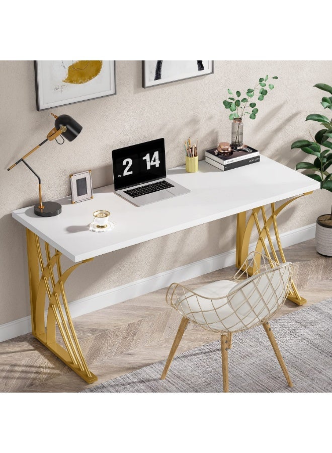 Tribesigns 140CM Large Modern Computer Desk, White & Gold Luxury Laptop PC Student Table, Makeup Vanity Table with Thick Frame & Strong Legs, Sturdy Writing Workstation for Home & Office - Image 1