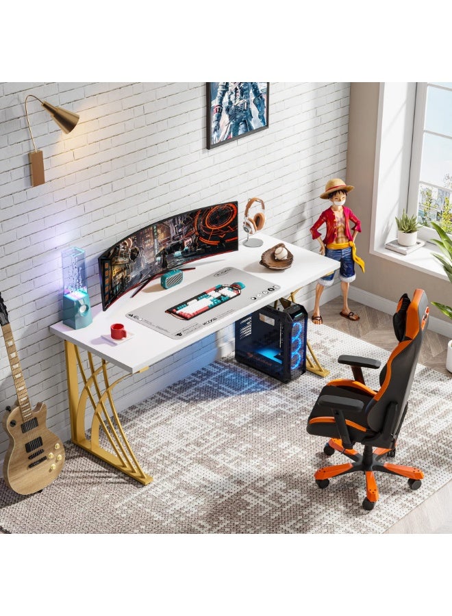 Tribesigns 140CM Large Modern Computer Desk, White & Gold Luxury Laptop PC Student Table, Makeup Vanity Table with Thick Frame & Strong Legs, Sturdy Writing Workstation for Home & Office - Image 5