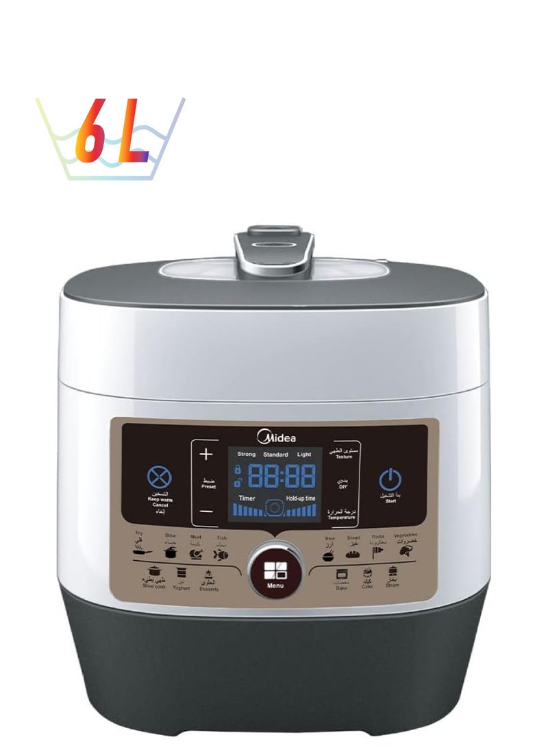 مديا طنجرة ضغط متعددة سعة 6 لتر قوة 1000 وات 14 قائمة محددة مسبقًا، لون أبيض Myss6062 - Image 1