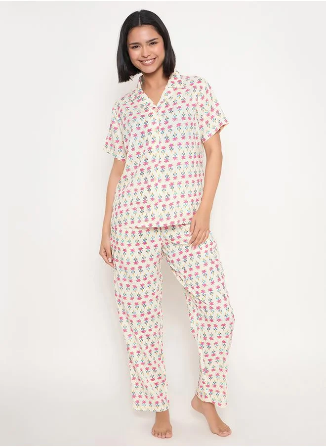 Clovia Clovia All-Over Print Button Down Shirt and Pyjama Set
