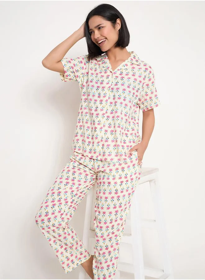 Clovia Clovia All-Over Print Button Down Shirt and Pyjama Set