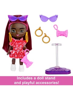 Mattel BARBIE Barbie Extra Mini Doll with Burgundy Hair and Sunglasses, Red Ruffle Dress, Clothes and Accessories  - Image 3