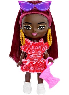 Mattel BARBIE Barbie Extra Mini Doll with Burgundy Hair and Sunglasses, Red Ruffle Dress, Clothes and Accessories  - Image 1