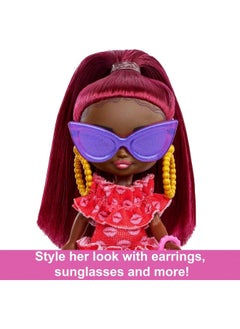 Mattel BARBIE Barbie Extra Mini Doll with Burgundy Hair and Sunglasses, Red Ruffle Dress, Clothes and Accessories  - Image 4