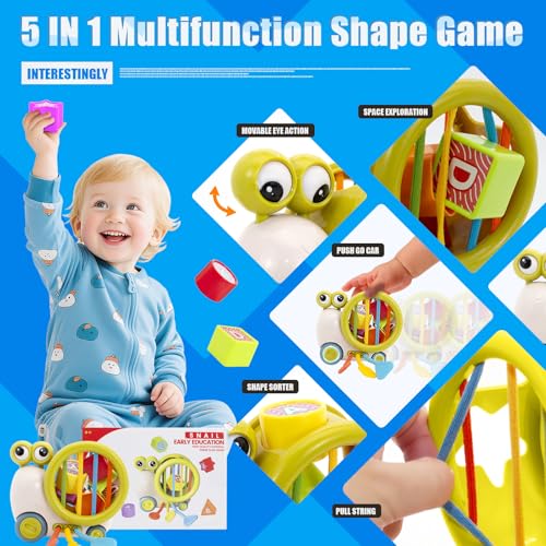 BYFWH 5 in 1 Montessori Sensory Toy for Toddlers 13 Activity Cube Baby Toys Infant Pulling Toy with Shape Sorter Silicone String Snail Pushtogo Car for Travel Play Gift for Boy Girl - Image 5