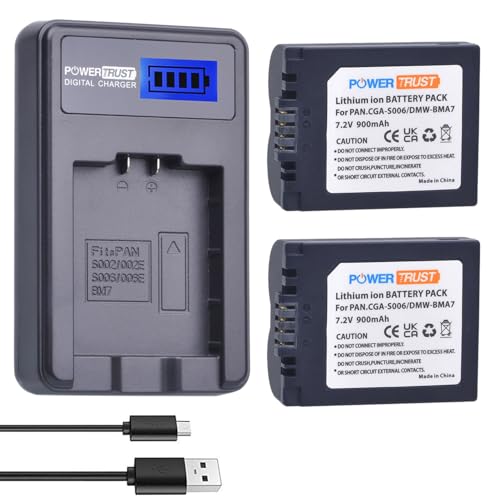 PowerTrust 2 Pack CGA-S006 CGR S006 S006E S006A S006 DMW-BMA7 DMW BMA7 Battery + LCD USB Charger for Panasonic DMC FZ7 FZ8 FZ18 FZ28 FZ30 FZ35 - Image 1