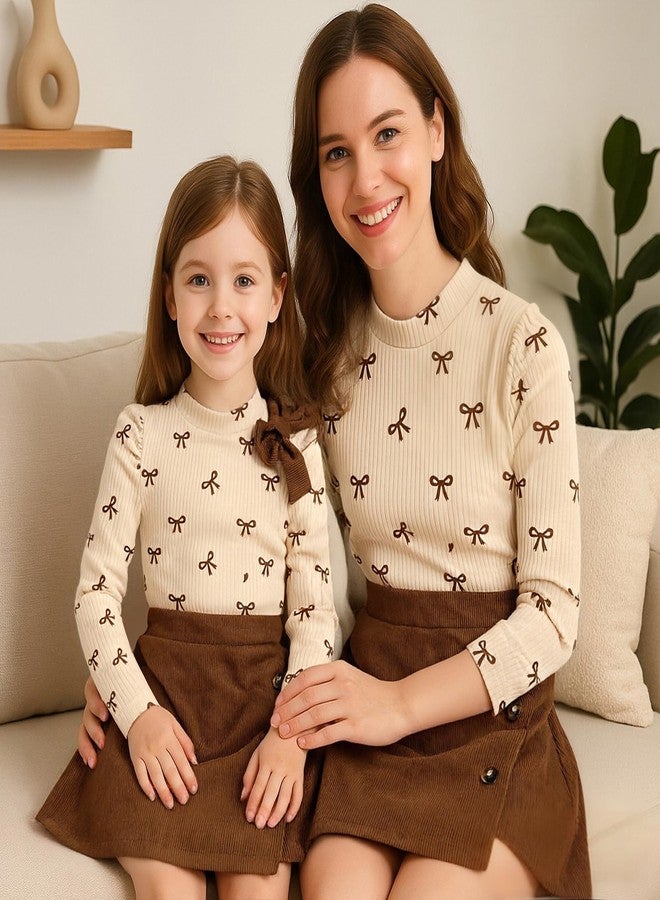 TITKKOP Toddler Girl Plaid Outfits Fall Winter Dress Knit Ribbed Bow Sweatshirt Tops and Button Fashion Skirts Set, Brown+corduroy, 2 Years - Image 4