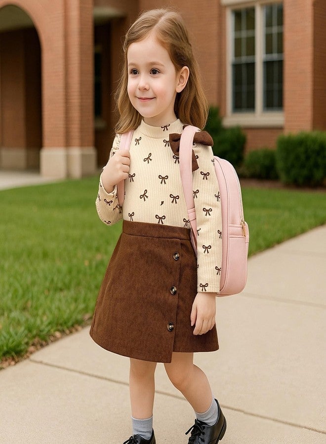 TITKKOP Toddler Girl Plaid Outfits Fall Winter Dress Knit Ribbed Bow Sweatshirt Tops and Button Fashion Skirts Set, Brown+corduroy, 2 Years - Image 3