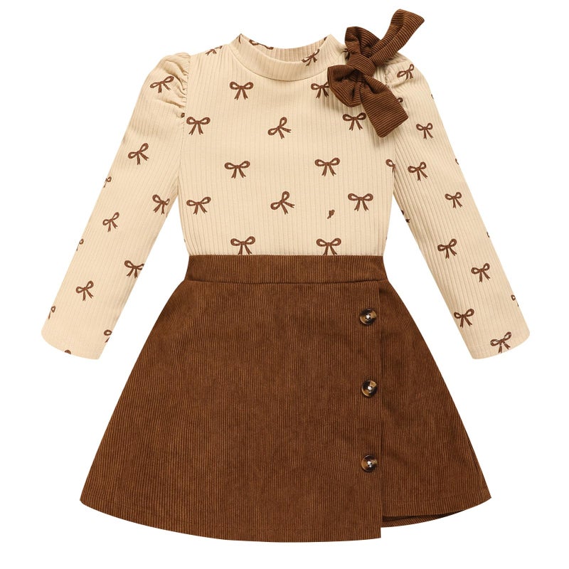 TITKKOP Toddler Girl Plaid Outfits Fall Winter Dress Knit Ribbed Bow Sweatshirt Tops and Button Fashion Skirts Set, Brown+corduroy, 2 Years - Image 1