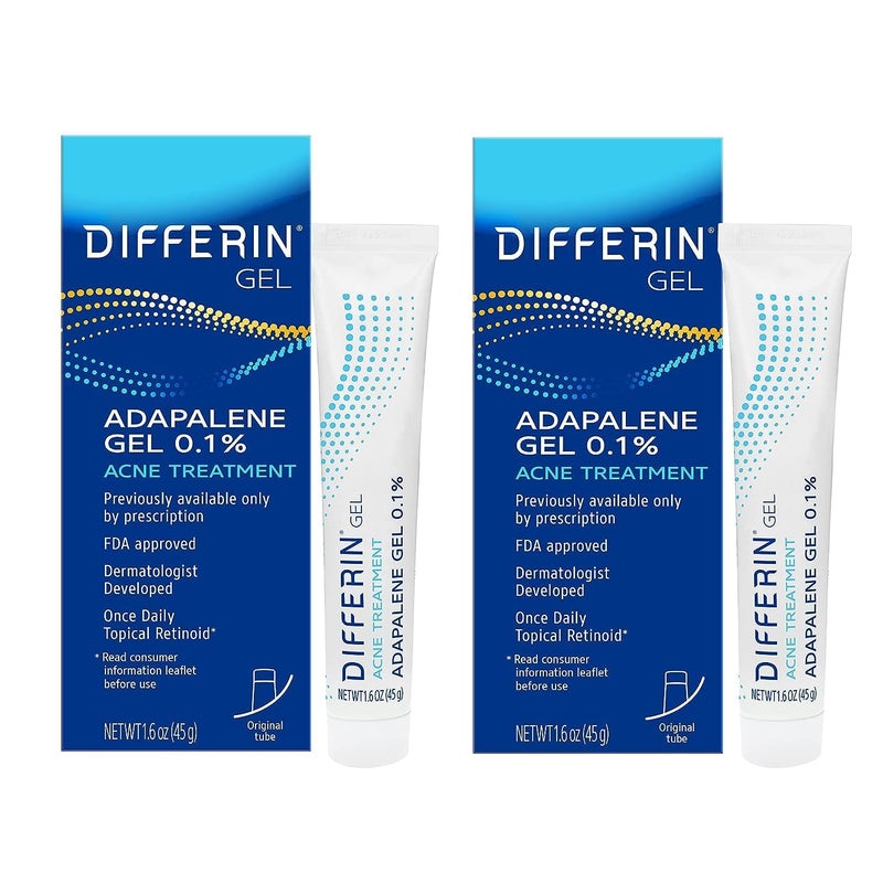Differin Acne Treatment Gel, 180 Day Supply, Retinoid Treatment for Face with 0.1% Adapalene, Gentle Skin Care for Acne Prone Sensitive Skin, 45g Tube, Pack of 2 (Packaging May Vary) - Image 1