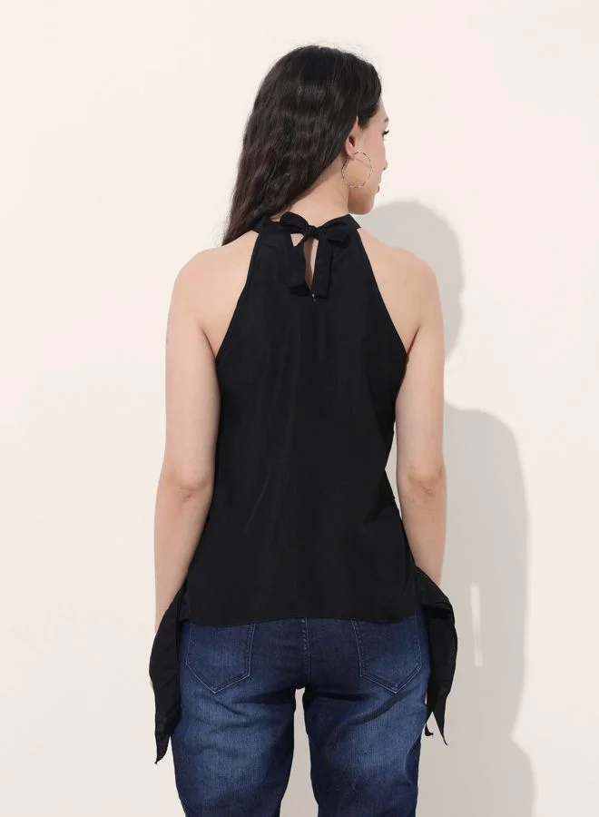 Freehand  Women Regular Fit Solid Round Neck Sleeveless Ruffled Top  | Best Price UAE