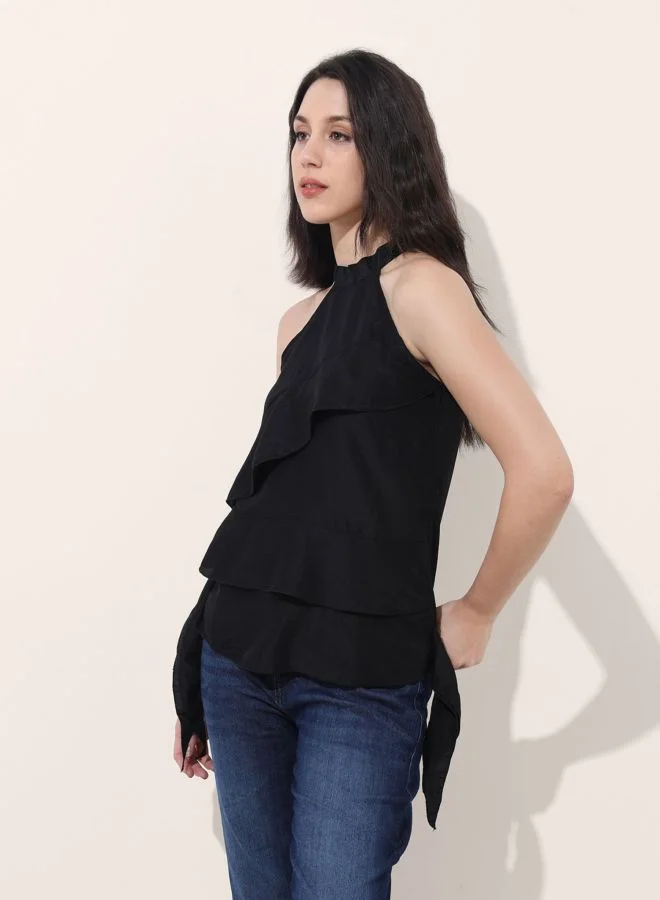 Freehand  Women Regular Fit Solid Round Neck Sleeveless Ruffled Top  | Best Price UAE