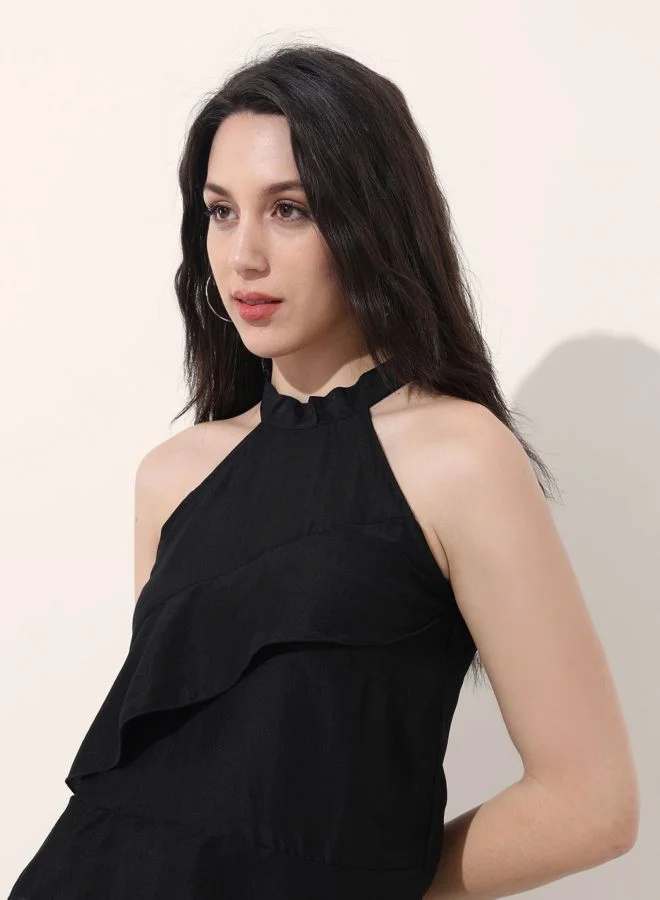 Freehand  Women Regular Fit Solid Round Neck Sleeveless Ruffled Top  | Best Price UAE