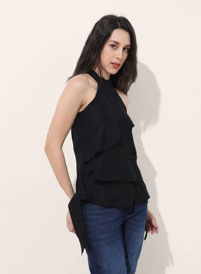 Freehand  Women Regular Fit Solid Round Neck Sleeveless Ruffled Top  | Best Price UAE