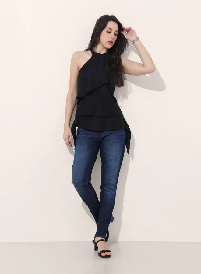 Freehand  Women Regular Fit Solid Round Neck Sleeveless Ruffled Top  | Best Price UAE