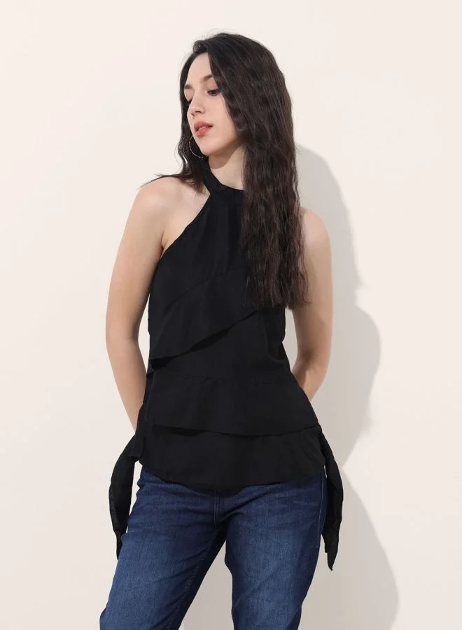 Women Regular Fit Solid Round Neck Sleeveless Ruffled Top