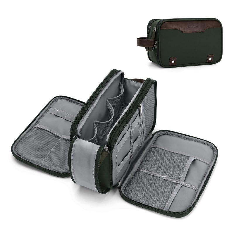 Wedama Toiletry Bag for Men Medium Hanging Travel Toiletry Bag Extra Electronic Organizer Bag Waterproof Shaving Bag for Toiletry with PU Handle for Travel Business Trips Swim Camping Green Brown - Image 2