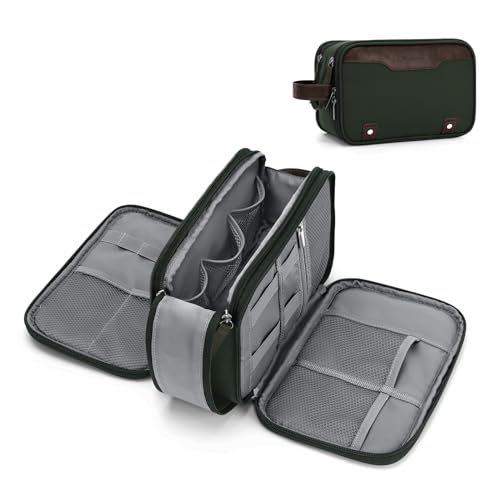 Wedama Toiletry Bag for Men Medium Hanging Travel Toiletry Bag Extra Electronic Organizer Bag Waterproof Shaving Bag for Toiletry with PU Handle for Travel Business Trips Swim Camping Green Brown - Image 1