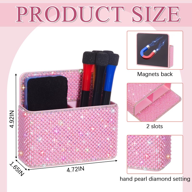 MotiMind Pink Bling Magnetic Pen Holder for Refrigerator, Women Girls Locker Accessories, Marker Holder for Whiteboard, Sparkly Gift Desk Organizer for School Office Supplies(Medium, Pearl) - Image 2