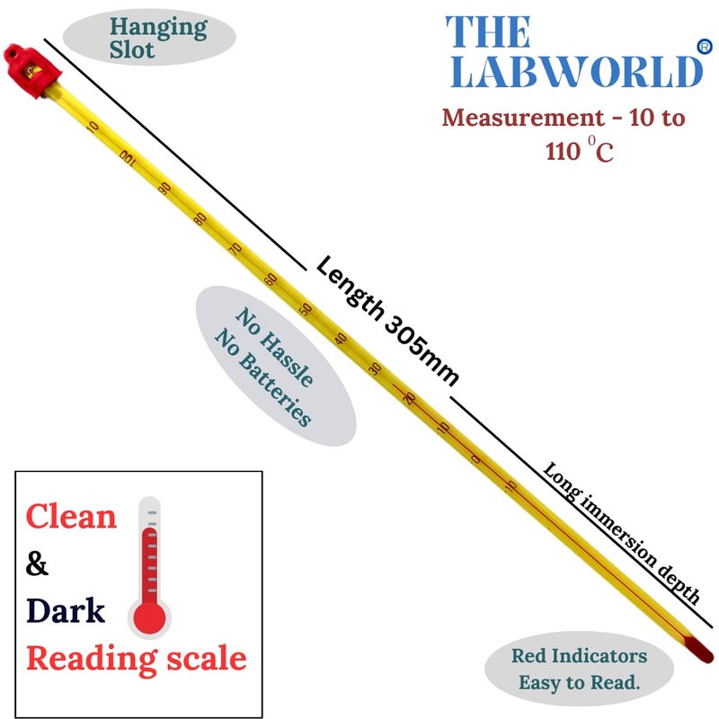 Labworld Thermometer -10 to 110 Degrees Celsius Pack of 2, 300mm Alcohol for Laboratory Industrial and Household Purpose, Plastic Case (Yellow) - Image 3