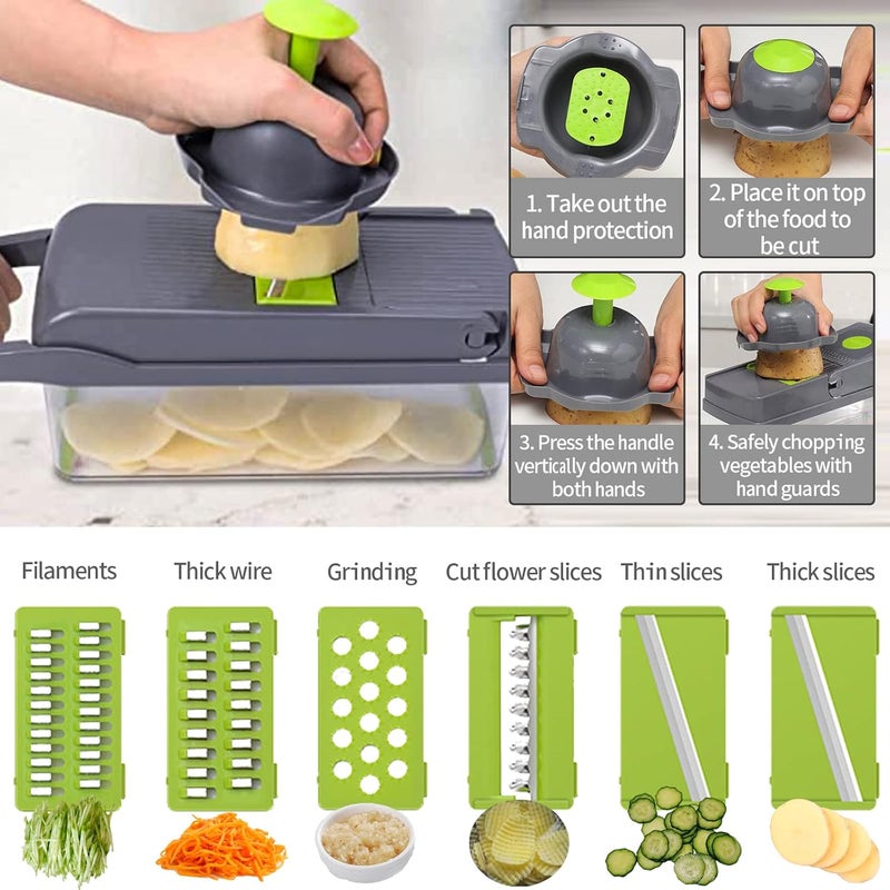 Vaupan Vegetable Chopper, Multifunctional 13-in-1 Food Choppers Onion Chopper Vegetable Slicer Cutter Dicer Veggie chopper with 8 Blades, Colander Basket, Container for Fruit Salad Carrot Potato - Image 4