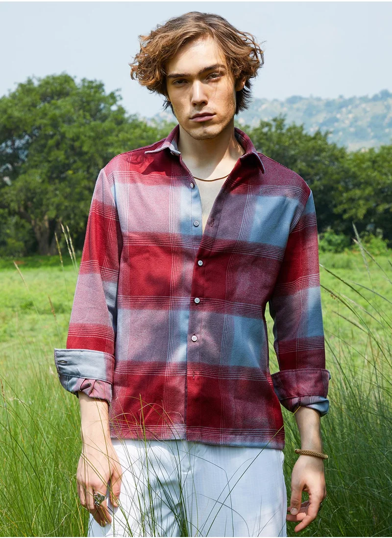 Campus Sutra Men's Venetian Red & Coin Grey Vignette-Checkered Oversized Shirt