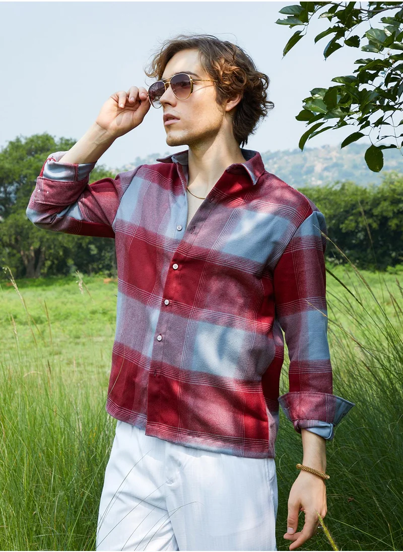 Campus Sutra Men's Venetian Red & Coin Grey Vignette-Checkered Oversized Shirt