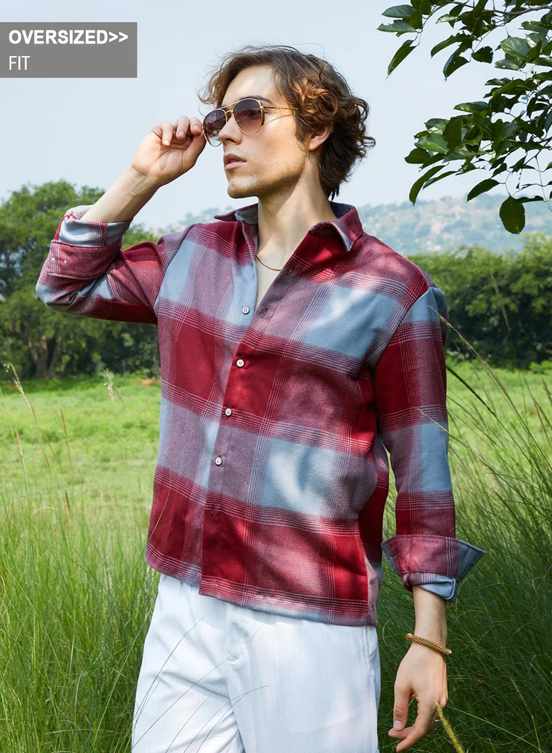 Campus Sutra Campus Sutra Men's Venetian Red & Coin Grey Vignette-Checkered Oversized Shirt For Casual Wear | Spread Collar | Long Sleeve | Button Closure | Oversized Shirt Crafted With Comfort Fit For Everyday Wear