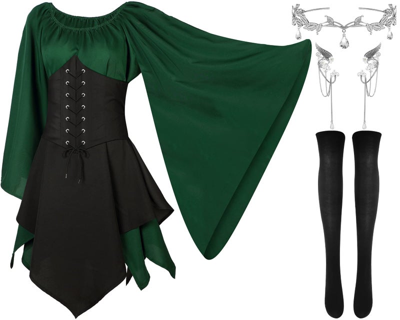 Haysandy 4 Pcs Women Elf Costume Renaissance Traditional Irish Dress Fairy Ears for Halloween Cosplay2X LargeGreen Black
