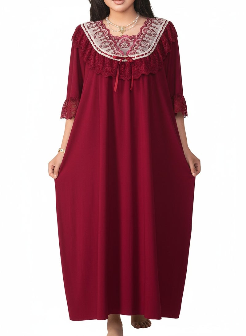 Beauenty Women Plus Size Round Neck Lace Ruffle Hem Loose Vintage Long Sleepshirt - Image 1