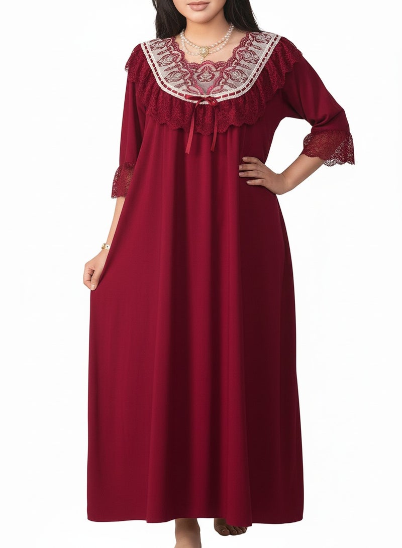 Beauenty Women Plus Size Round Neck Lace Ruffle Hem Loose Vintage Long Sleepshirt - Image 2