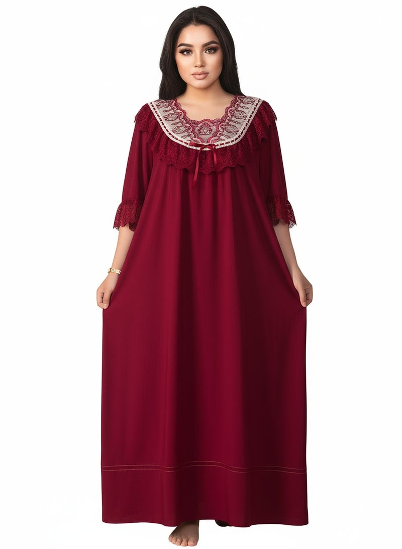 Beauenty Women Plus Size Round Neck Lace Ruffle Hem Loose Vintage Long Sleepshirt - Image 3