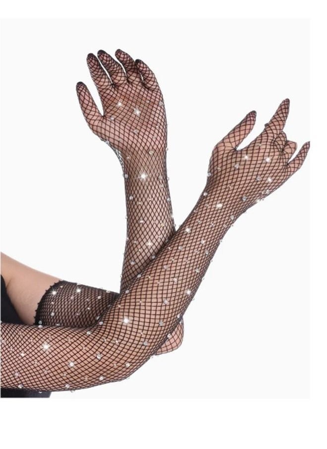 Generic Dress Gloves, Glitter Diamond Mesh Gloves, Vintage Mesh Black Stretch Color Diamond Gloves, Costume Accessories  - Image 1
