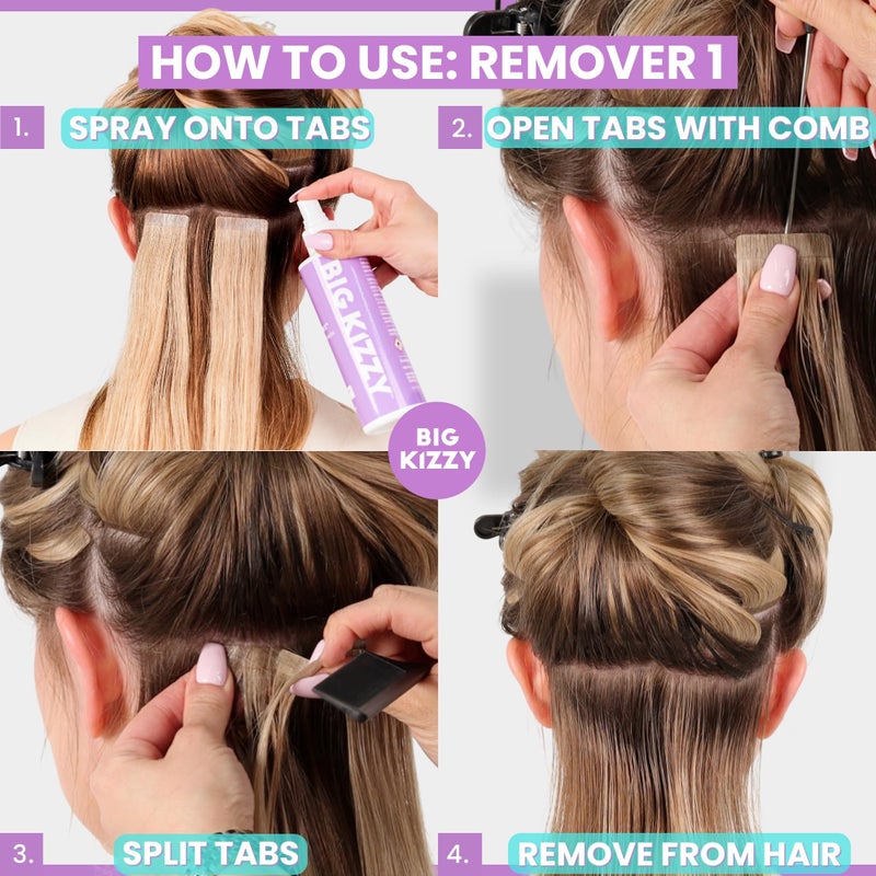 Big Kizzy Tape in Extension Remover (8oz) & Tape Ins Residue Remover (4oz), Big Kizzy Remover 1 + Remover 2 - Fastest Two Step System to Remove Tape in Extensions and Tape Ins Residue - Image 4