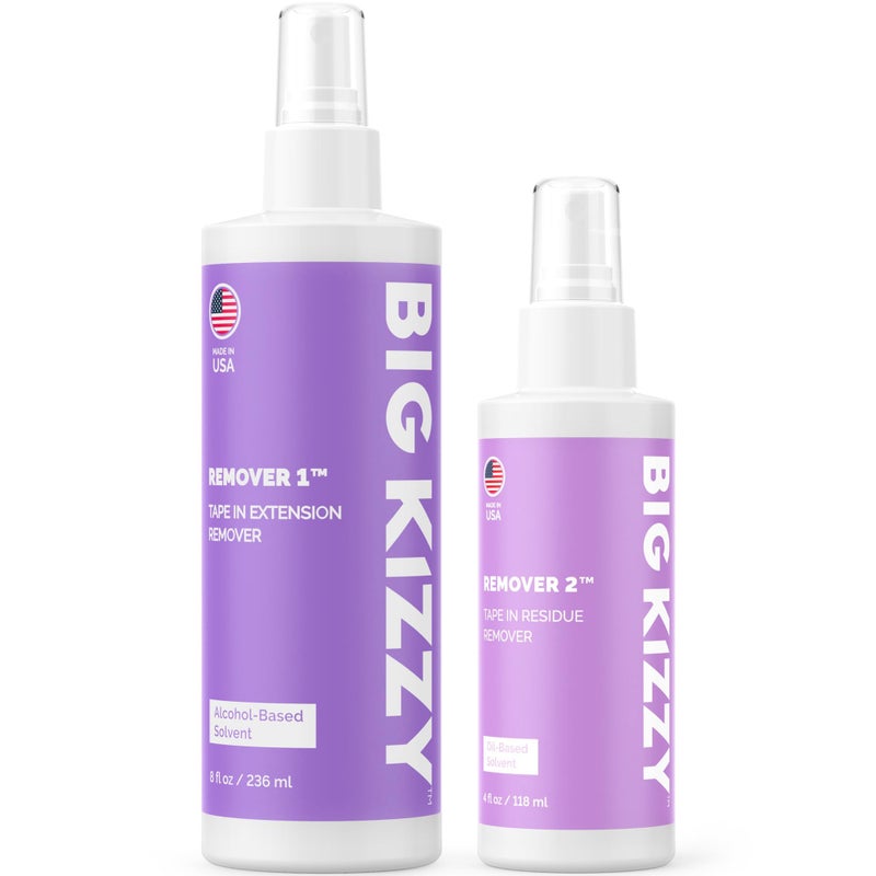 Big Kizzy Tape in Extension Remover (8oz) & Tape Ins Residue Remover (4oz), Big Kizzy Remover 1 + Remover 2 - Fastest Two Step System to Remove Tape in Extensions and Tape Ins Residue - Image 1