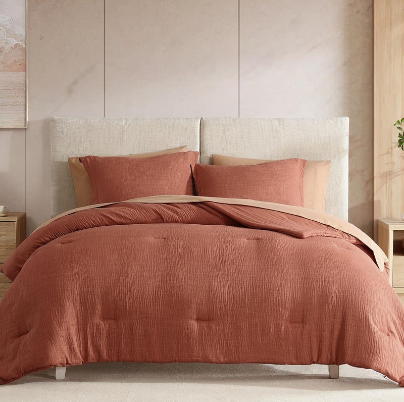 Geniospin King Size Comforter Set 7 Piece Terracotta Textured King Bedding Set Soft Solid Bed in a Bag for All Season King Comforter Set with SheetsTerracotta102x90