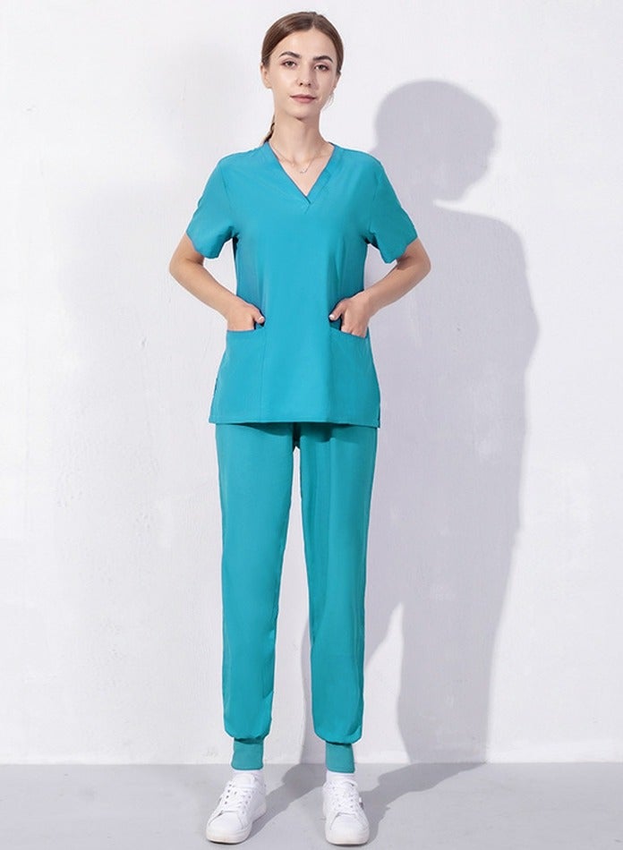 Loquat Medical Uniform Scrubs Set V-Neck Top and Loose Jogger Pants Suit Lake Blue