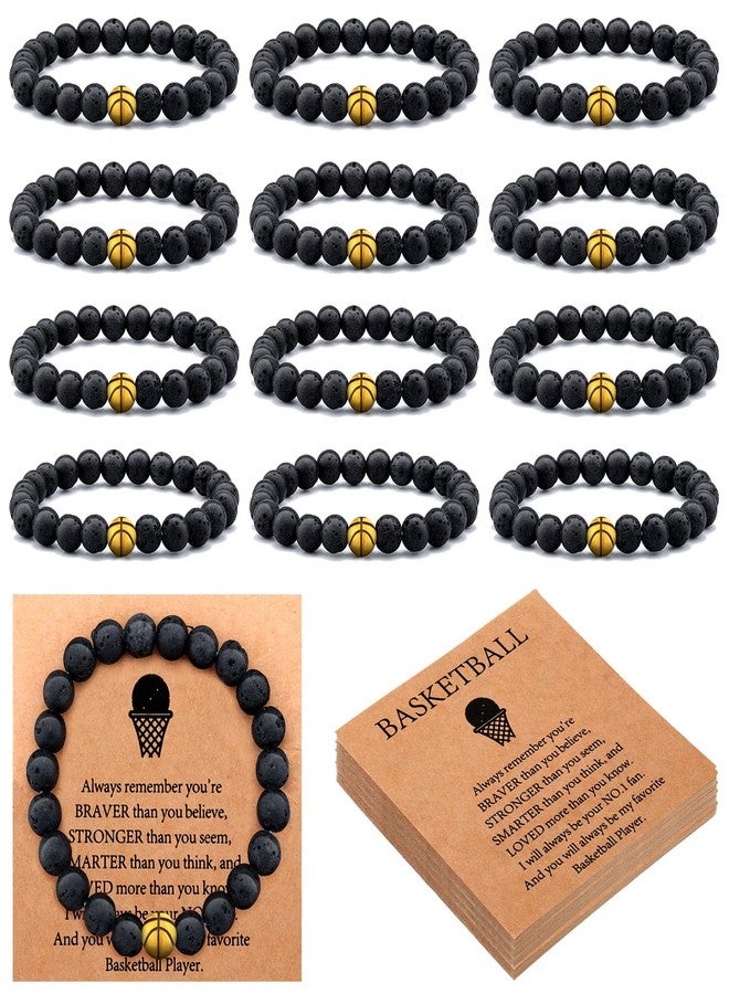Ecation 12 Sets Sport Bracelets Lave Stone Beaded Elastic Stretch Bracelets with Inspirational Card Bulk Team for Football Volleyball Golf Baseball Basketball Soccer, Basketball, lave stone, lave - Image 1