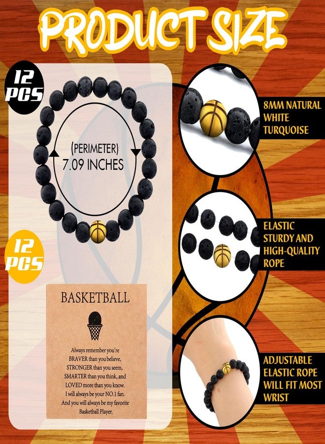 Ecation 12 Sets Sport Bracelets Lave Stone Beaded Elastic Stretch Bracelets with Inspirational Card Bulk Team for Football Volleyball Golf Baseball Basketball Soccer, Basketball, lave stone, lave - Image 2