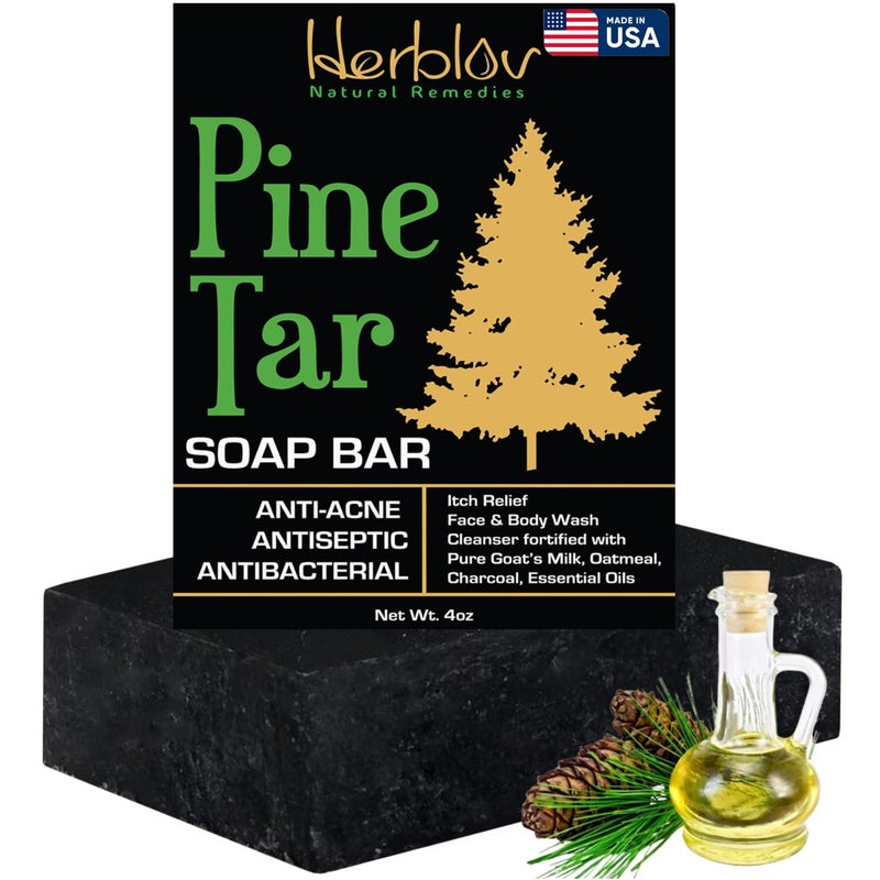 Herblov All Natural Pine Tar Soap Bar 4oz â€“Cleansing Anti Acne Eczema Psoriasis Itch Relief Pine Tar Face & Body Wash Cleanser â€“ Pure Goatâ€™s Milk Soap with Oatmeal, Charcoal, Essential Oils Made in USA - Image 1