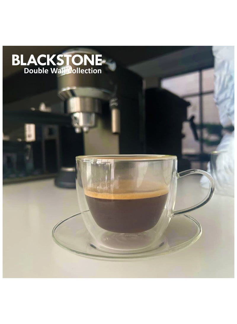 BLACKSTONE Double Wall Glass Cup & Saucer Set – 2 Cups & 2 Saucers, 180ML - Image 2