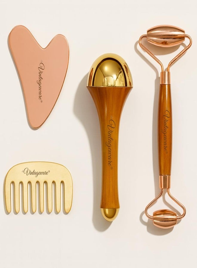 Vintageware® Dual Side Kansa Wand, Bronze Comb, Copper Gua Sha and Kansa Face Roller - Ayurvedic Massage Tools for Relaxation, Detox, Hair Growth, and Anti-Aging Skincare - Image 1
